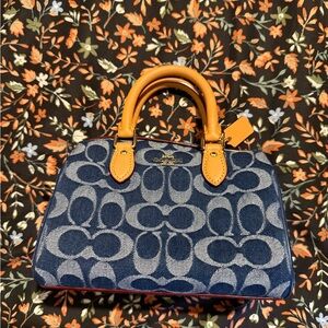 ONLY USED ONCE Coach Blue Signature Denim Satchel with Tan Leather Handles